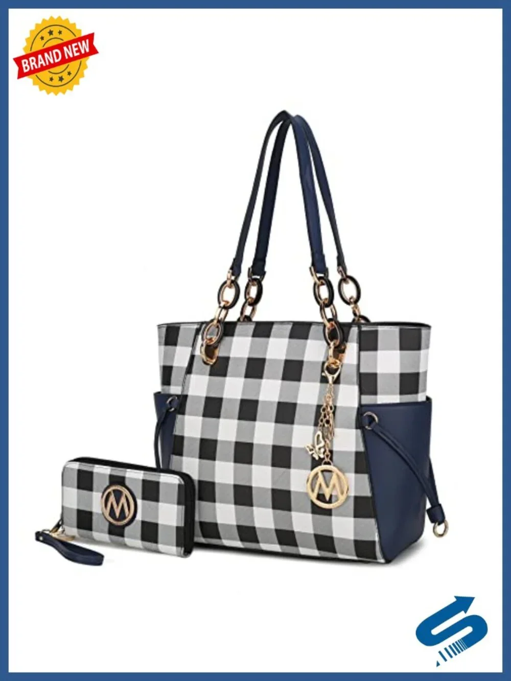 Checkered Vegan Leather Tote Bag with Wristlet Wallet Set